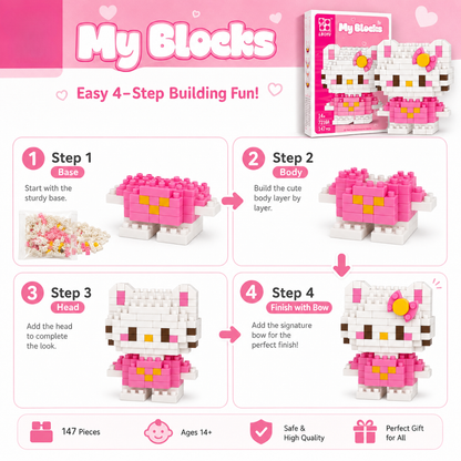 Mini Blocks DIY Hello Kitty Theme Nano Blocks Building Kit, 147 Pcs Kawaii Micro Blocks Character Figure, Collectible Puzzle Toy for Kids,Teens & Adults