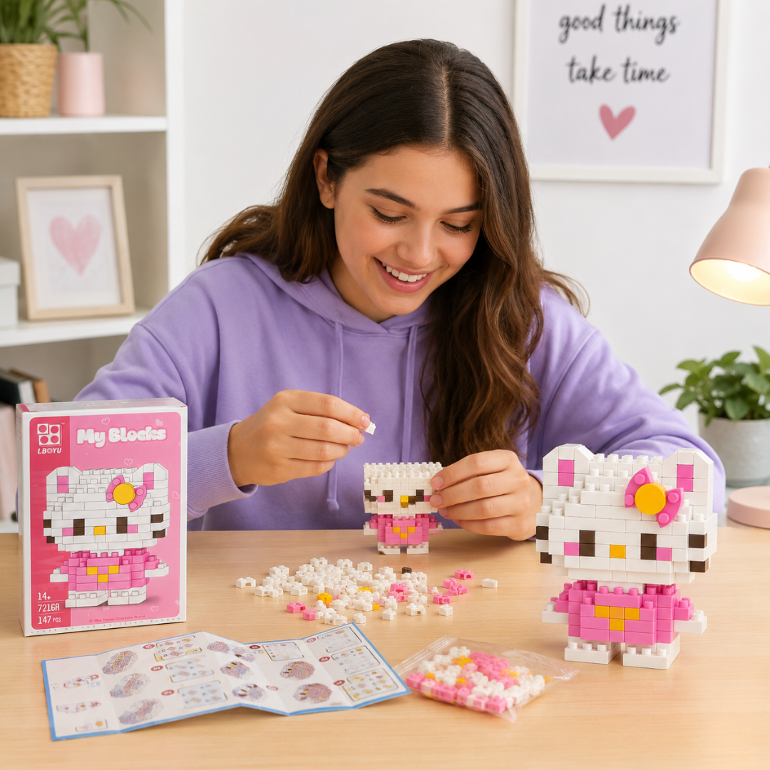 Mini Blocks DIY Hello Kitty Theme Nano Blocks Building Kit, 147 Pcs Kawaii Micro Blocks Character Figure, Collectible Puzzle Toy for Kids,Teens & Adults