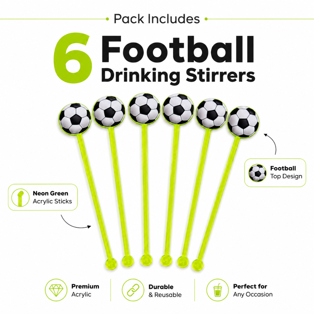 Soccer Themed Neon Stirrers for Cocktails or Mocktails - 6PC