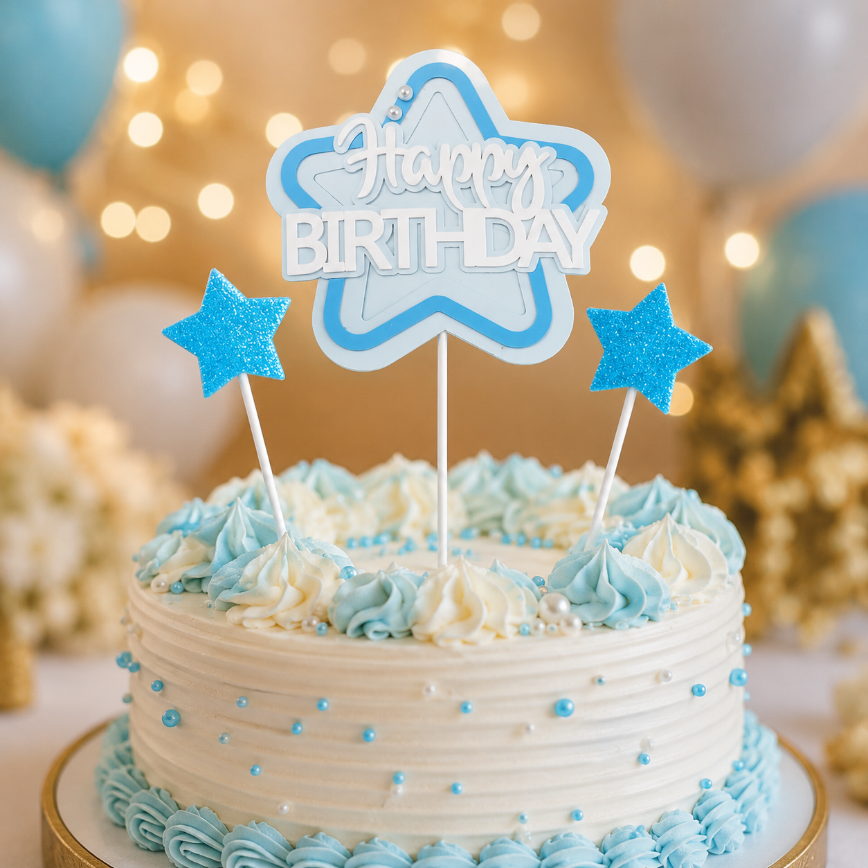 Happy Birthday Cake Topper Set of 3, Blue Star Birthday Pick with 2 Glitter Star Picks, Cake Decoration for Kids, Adults, Party Cakes, Cupcakes & Dessert Table - 3PC