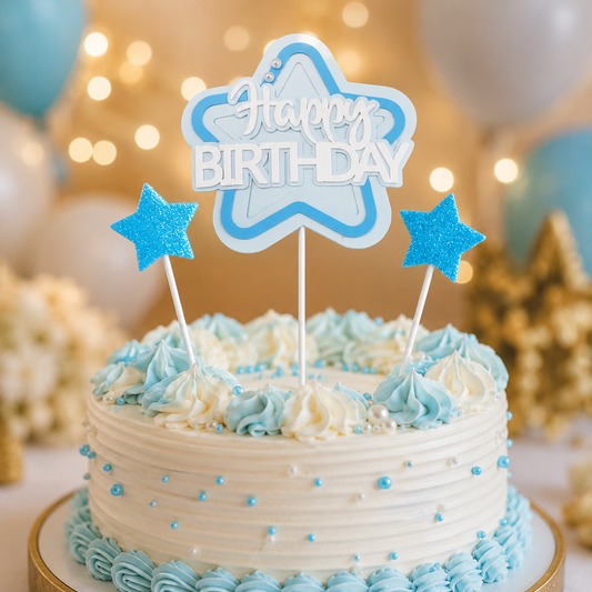 Happy Birthday Cake Topper Set of 3, Blue Star Birthday Pick with 2 Glitter Star Picks, Cake Decoration for Kids, Adults, Party Cakes, Cupcakes & Dessert Table - 3PC