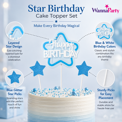 Happy Birthday Cake Topper Set of 3, Blue Star Birthday Pick with 2 Glitter Star Picks, Cake Decoration for Kids, Adults, Party Cakes, Cupcakes & Dessert Table - 3PC
