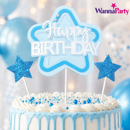 Happy Birthday Cake Topper Set of 3, Blue Star Birthday Pick with 2 Glitter Star Picks, Cake Decoration for Kids, Adults, Party Cakes, Cupcakes & Dessert Table - 3PC