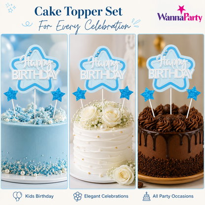 Happy Birthday Cake Topper Set of 3, Blue Star Birthday Pick with 2 Glitter Star Picks, Cake Decoration for Kids, Adults, Party Cakes, Cupcakes & Dessert Table - 3PC