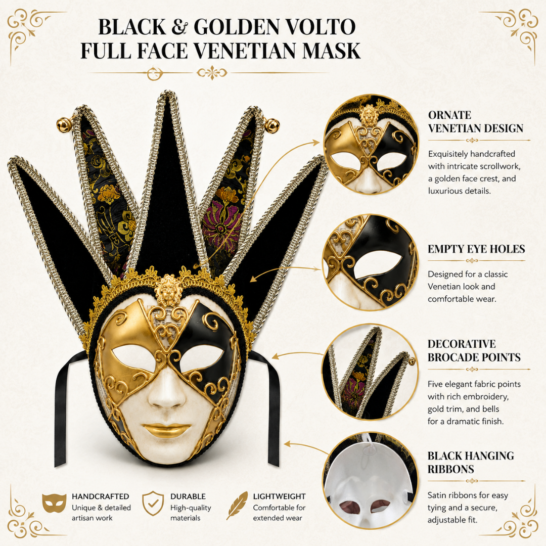 Black & Golden Volto Full Face Venetian Mask