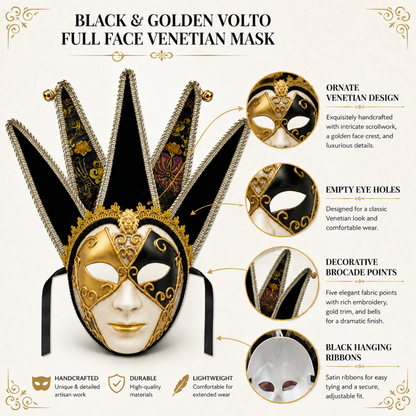 Black & Golden Volto Full Face Venetian Mask