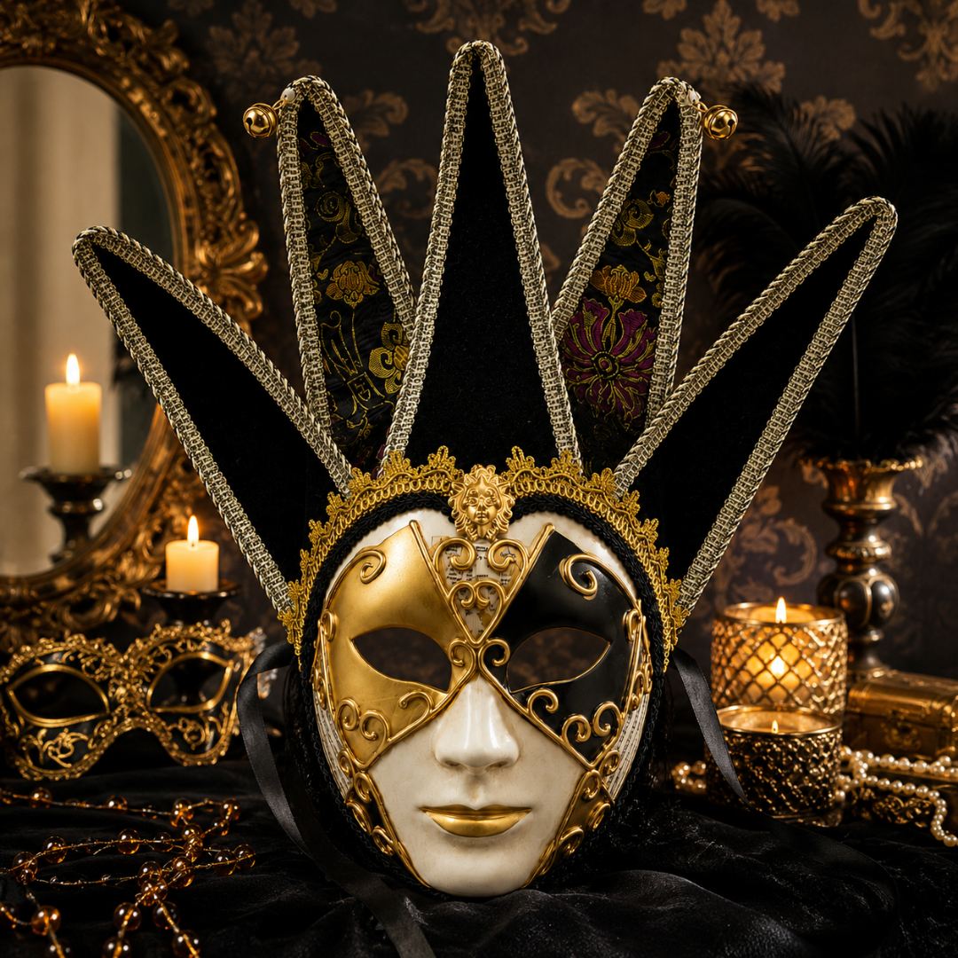 Black & Golden Volto Full Face Venetian Mask