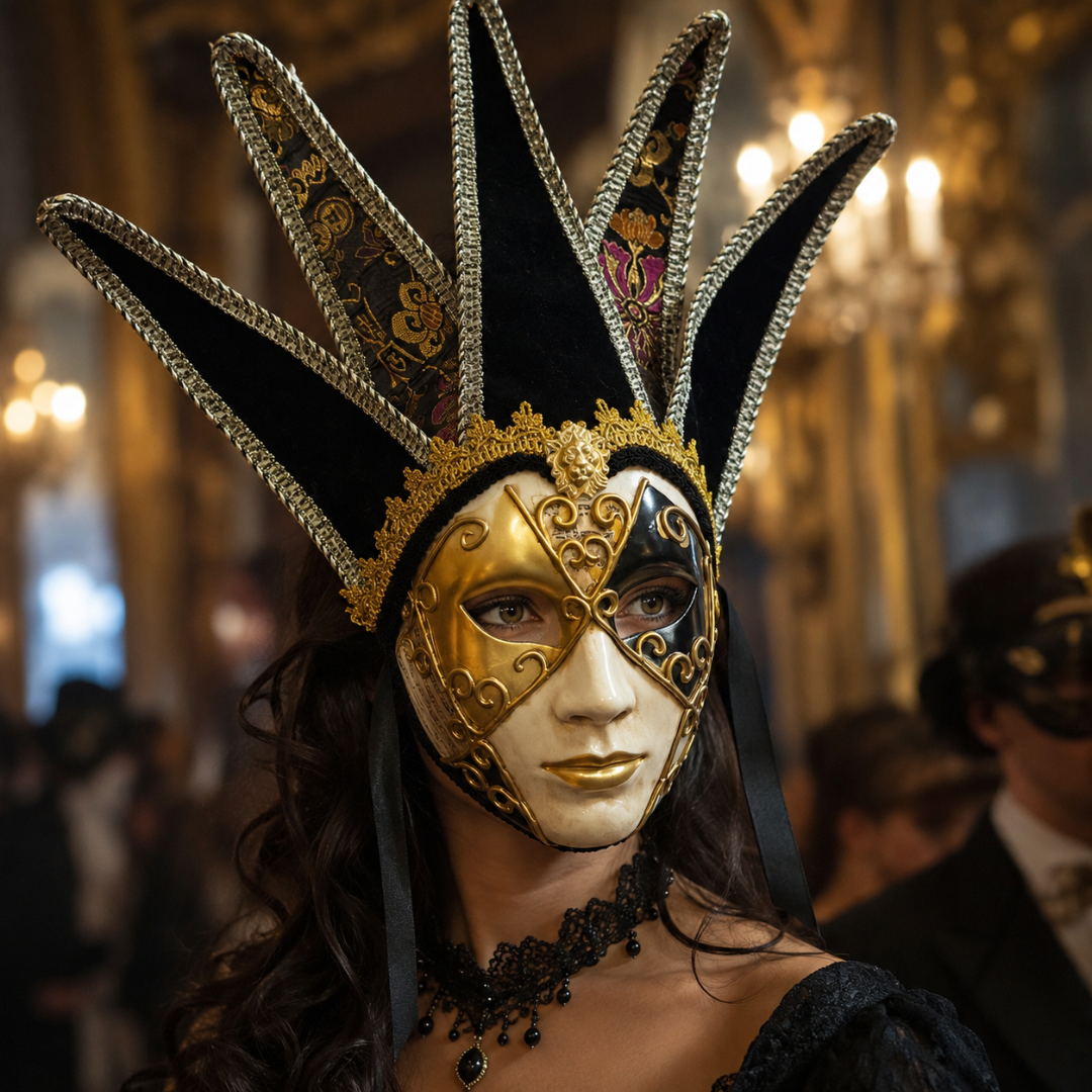 Black & Golden Volto Full Face Venetian Mask