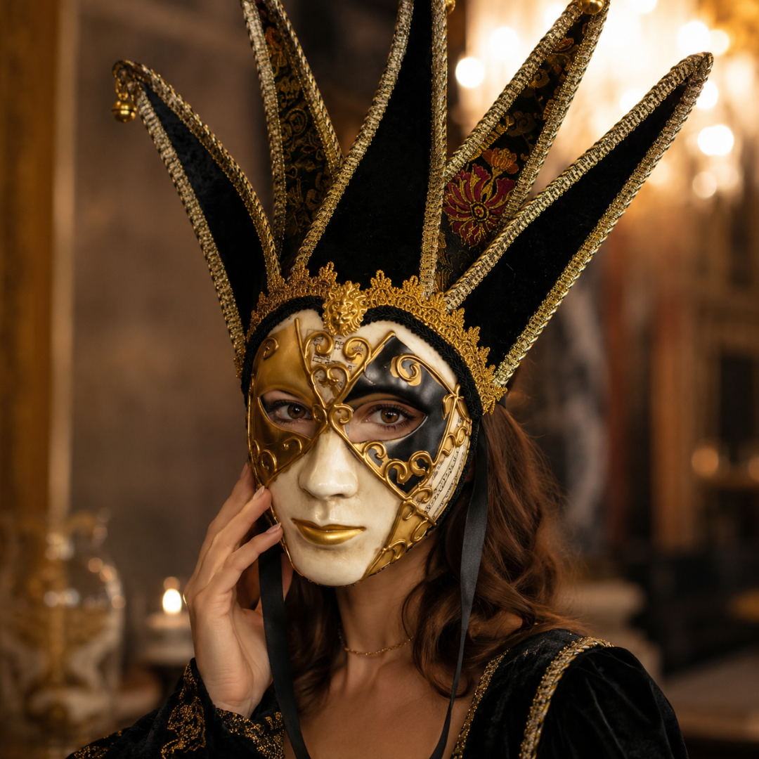 Black & Golden Volto Full Face Venetian Mask