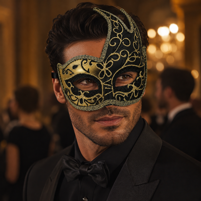 Midnight Elegance Golden Black Venetian Unisex Mask