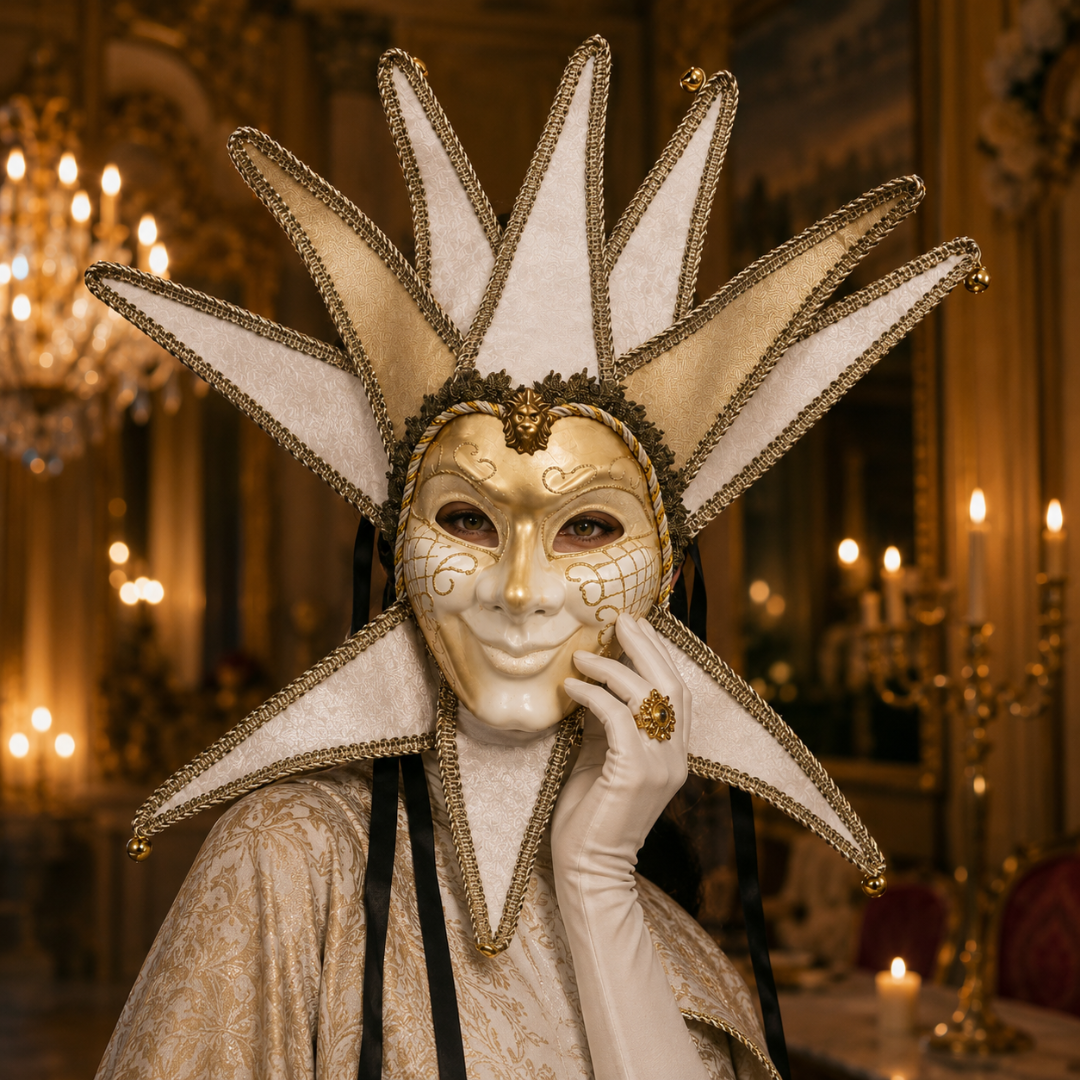 White & Gold Volto Full Face Venetian Fancy Mask