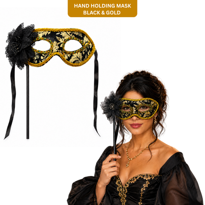 Hand Holding Mask Black & Gold