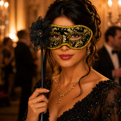 Hand Holding Mask Black & Gold