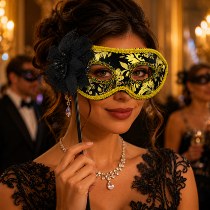 Hand Holding Mask Black & Gold