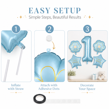 Blue Number 1 Foil Balloon Set - 5PC | First Birthday Balloon with 2 Flower & 2 Star Balloons for Cake Table, Photoshoot & Party Decoration