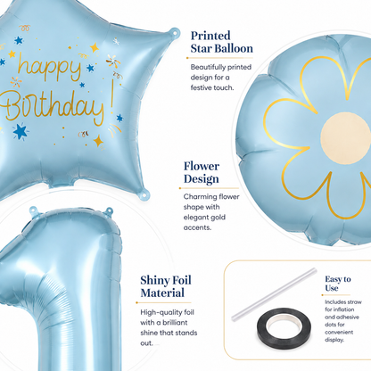 Blue Number 1 Foil Balloon Set - 5PC | First Birthday Balloon with 2 Flower & 2 Star Balloons for Cake Table, Photoshoot & Party Decoration