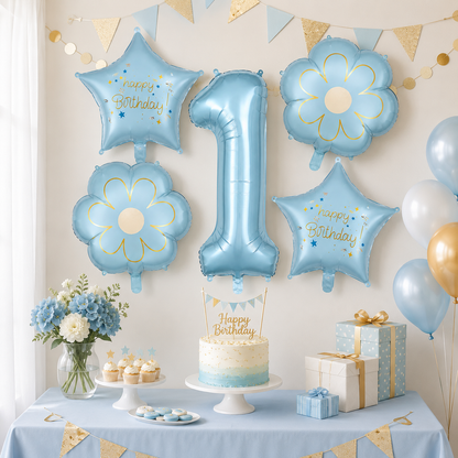 Blue Number 1 Foil Balloon Set - 5PC | First Birthday Balloon with 2 Flower & 2 Star Balloons for Cake Table, Photoshoot & Party Decoration