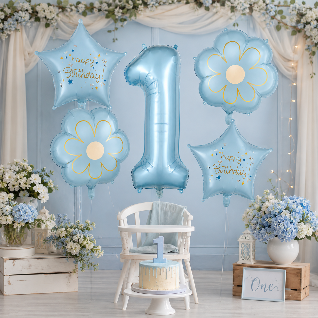 Blue Number 1 Foil Balloon Set - 5PC | First Birthday Balloon with 2 Flower & 2 Star Balloons for Cake Table, Photoshoot & Party Decoration