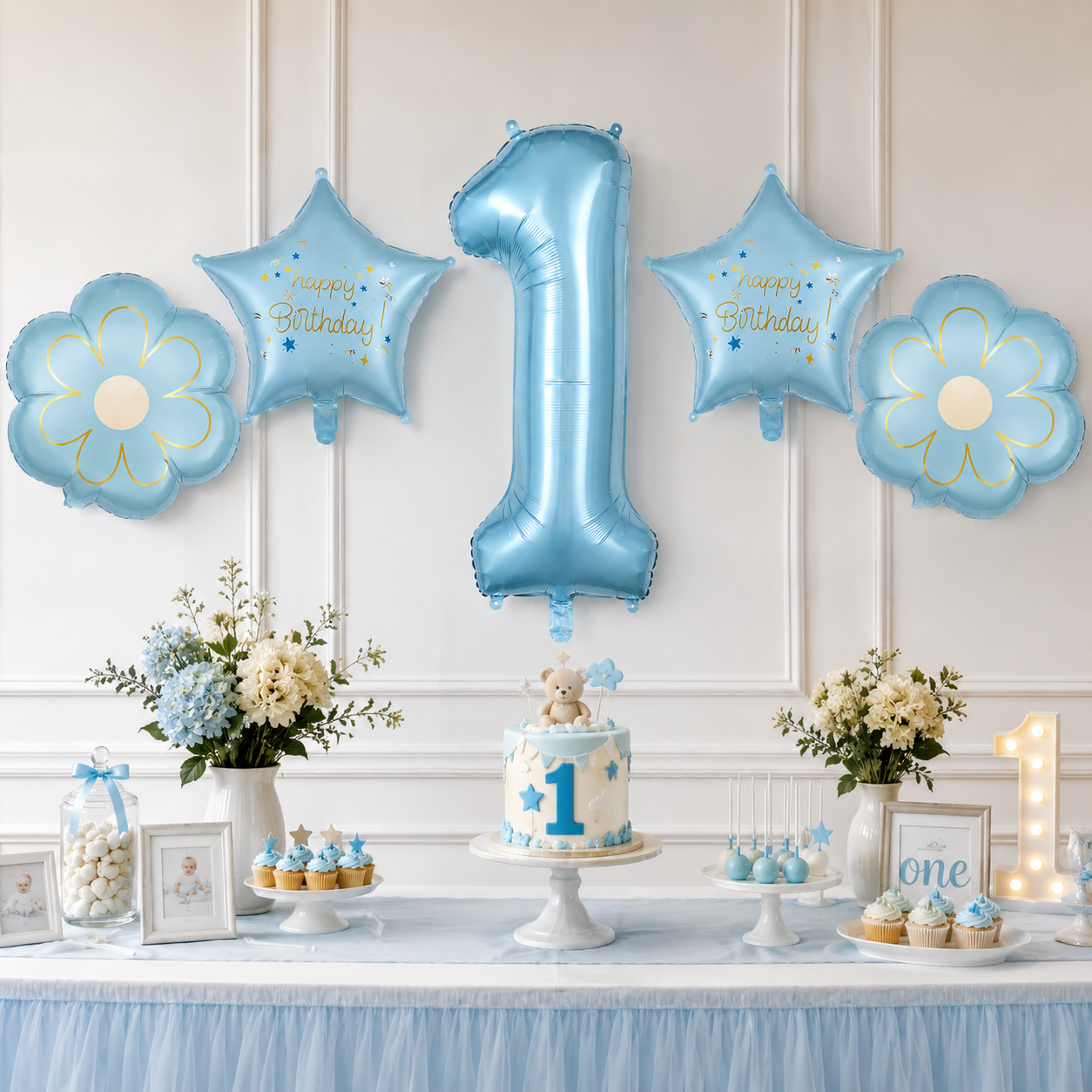 Blue Number 1 Foil Balloon Set - 5PC | First Birthday Balloon with 2 Flower & 2 Star Balloons for Cake Table, Photoshoot & Party Decoration
