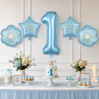 Blue Number 1 Foil Balloon Set - 5PC | First Birthday Balloon with 2 Flower & 2 Star Balloons for Cake Table, Photoshoot & Party Decoration