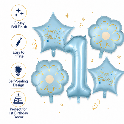 Blue Number 1 Foil Balloon Set - 5PC | First Birthday Balloon with 2 Flower & 2 Star Balloons for Cake Table, Photoshoot & Party Decoration