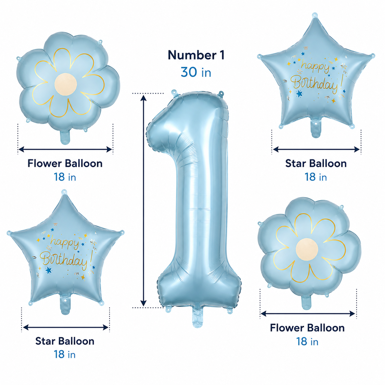 Blue Number 1 Foil Balloon Set - 5PC | First Birthday Balloon with 2 Flower & 2 Star Balloons for Cake Table, Photoshoot & Party Decoration