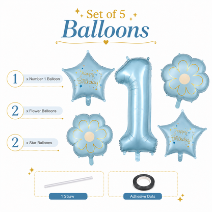 Blue Number 1 Foil Balloon Set - 5PC | First Birthday Balloon with 2 Flower & 2 Star Balloons for Cake Table, Photoshoot & Party Decoration