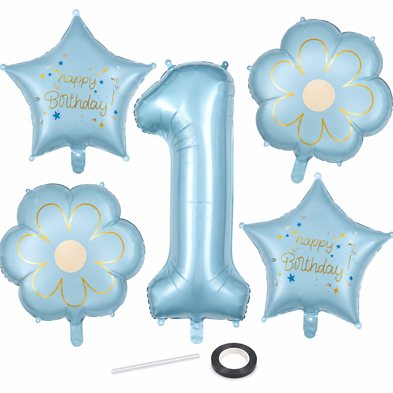 Blue Number 1 Foil Balloon Set - 5PC | First Birthday Balloon with 2 Flower & 2 Star Balloons for Cake Table, Photoshoot & Party Decoration
