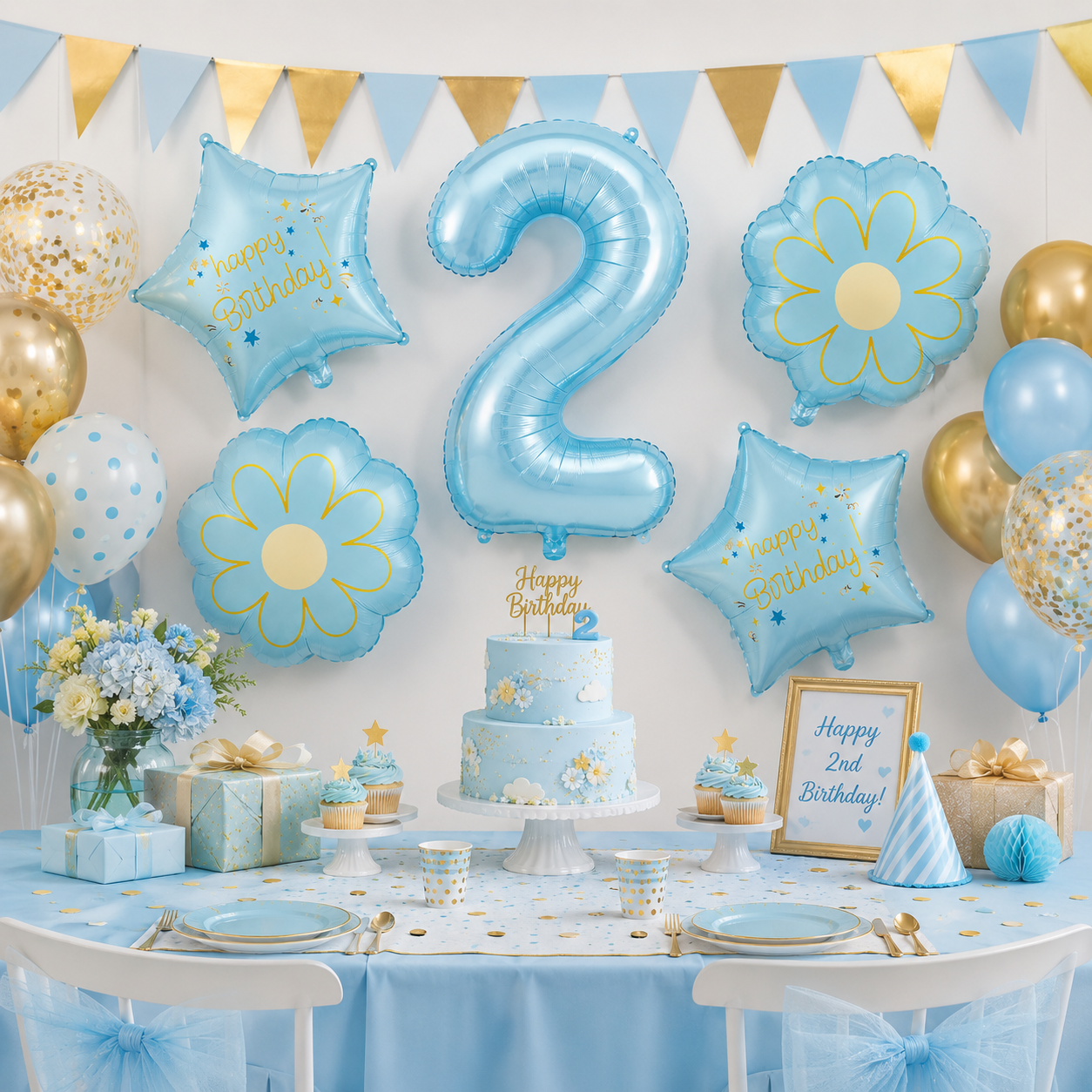Blue Number 2 Foil Balloon Set - 5PC | Second  Birthday Balloon with 2 Flower & 2 Star Balloons for Cake Table, Photoshoot & Party Decoration