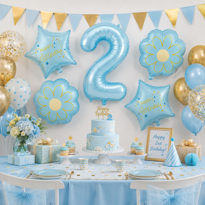 Blue Number 2 Foil Balloon Set - 5PC | Second  Birthday Balloon with 2 Flower & 2 Star Balloons for Cake Table, Photoshoot & Party Decoration