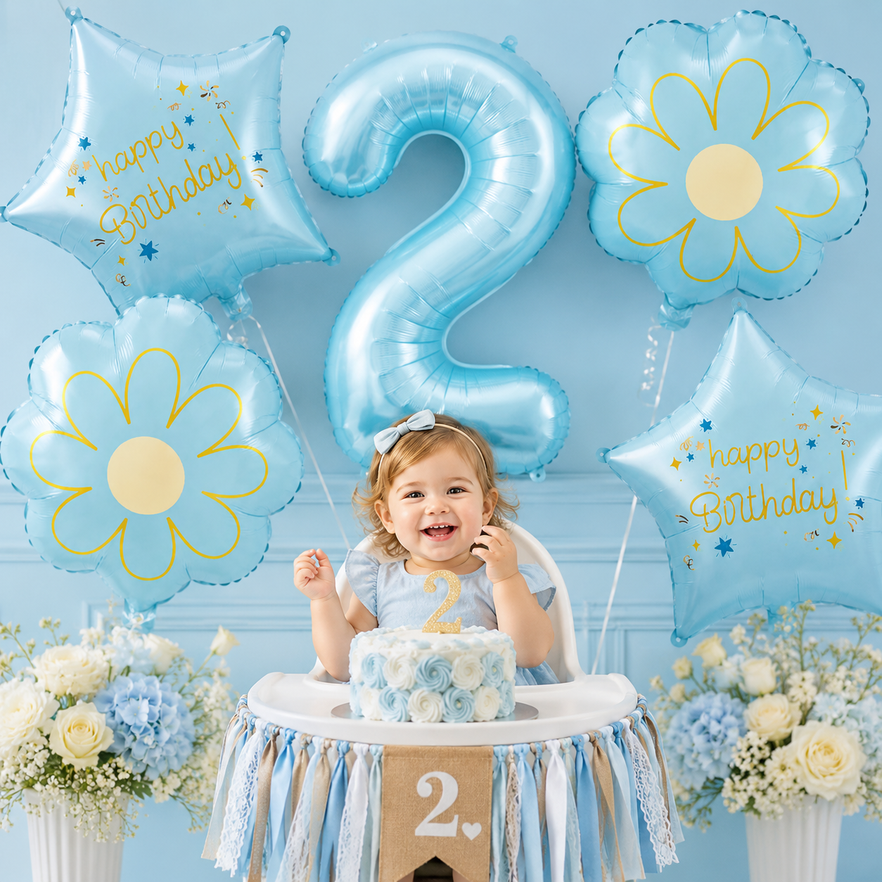 Blue Number 2 Foil Balloon Set - 5PC | Second  Birthday Balloon with 2 Flower & 2 Star Balloons for Cake Table, Photoshoot & Party Decoration