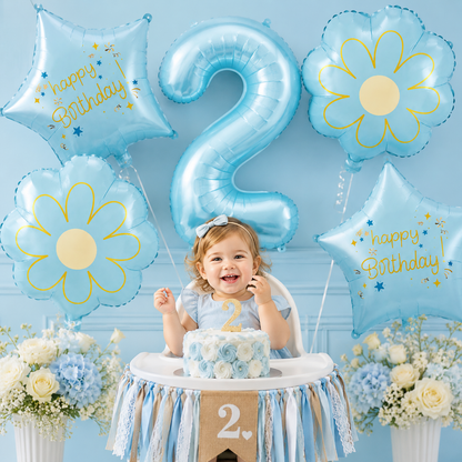 Blue Number 2 Foil Balloon Set - 5PC | Second  Birthday Balloon with 2 Flower & 2 Star Balloons for Cake Table, Photoshoot & Party Decoration