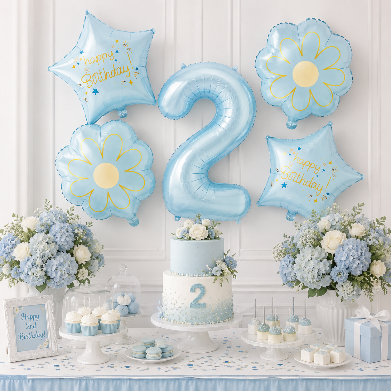 Blue Number 2 Foil Balloon Set - 5PC | Second  Birthday Balloon with 2 Flower & 2 Star Balloons for Cake Table, Photoshoot & Party Decoration