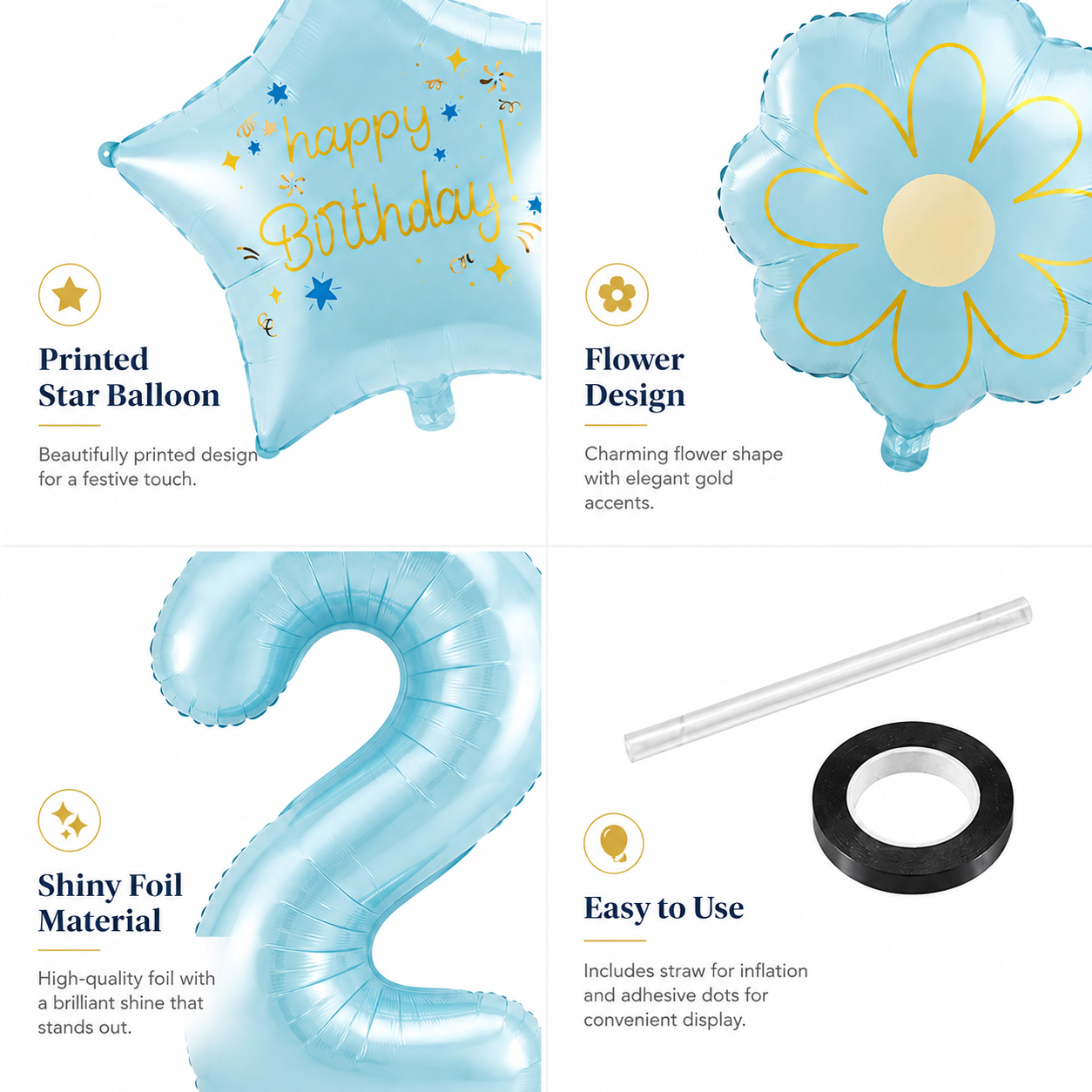Blue Number 2 Foil Balloon Set - 5PC | Second  Birthday Balloon with 2 Flower & 2 Star Balloons for Cake Table, Photoshoot & Party Decoration