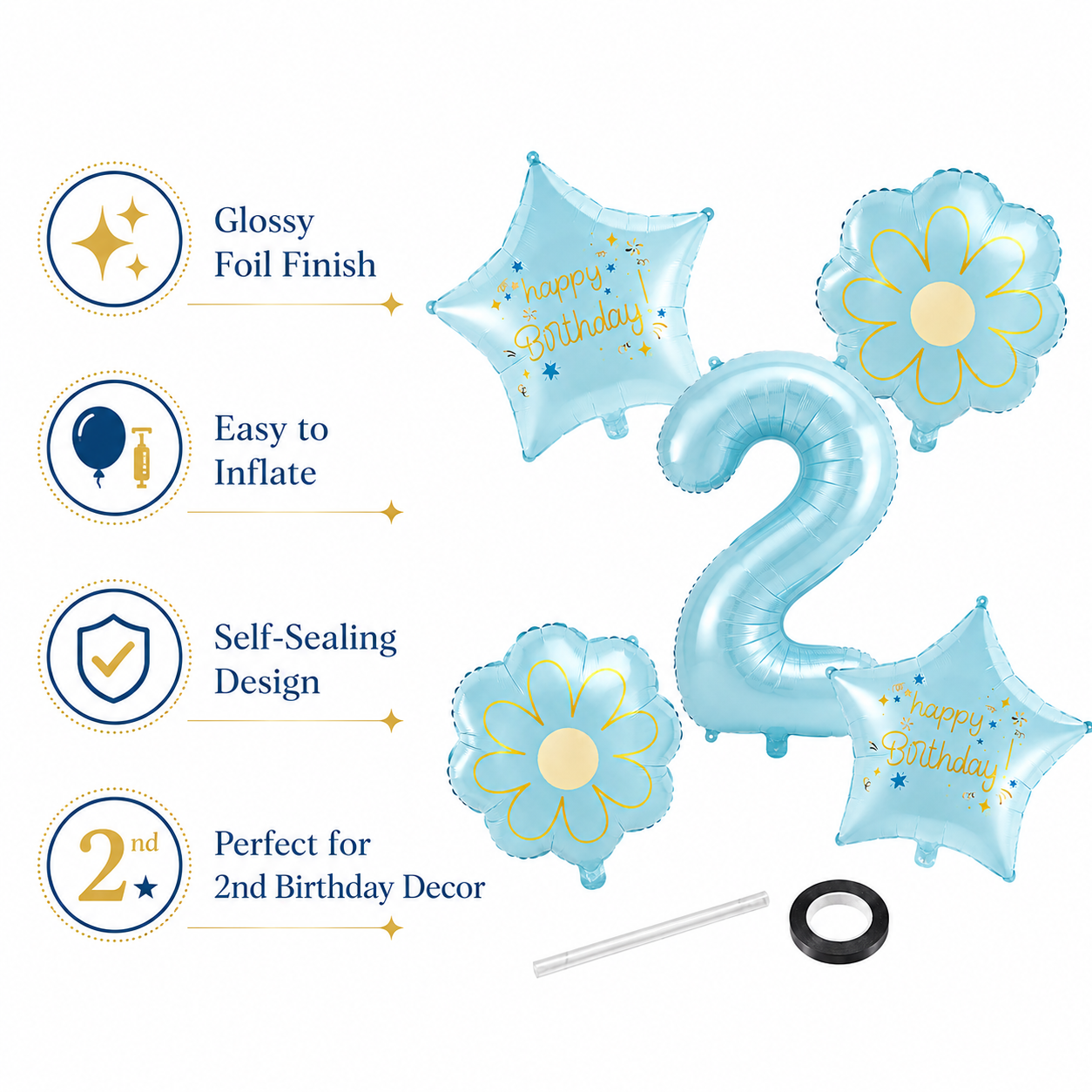 Blue Number 2 Foil Balloon Set - 5PC | Second  Birthday Balloon with 2 Flower & 2 Star Balloons for Cake Table, Photoshoot & Party Decoration