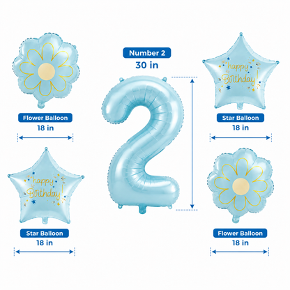 Blue Number 2 Foil Balloon Set - 5PC | Second  Birthday Balloon with 2 Flower & 2 Star Balloons for Cake Table, Photoshoot & Party Decoration
