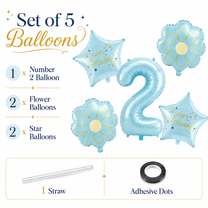 Blue Number 2 Foil Balloon Set - 5PC | Second  Birthday Balloon with 2 Flower & 2 Star Balloons for Cake Table, Photoshoot & Party Decoration