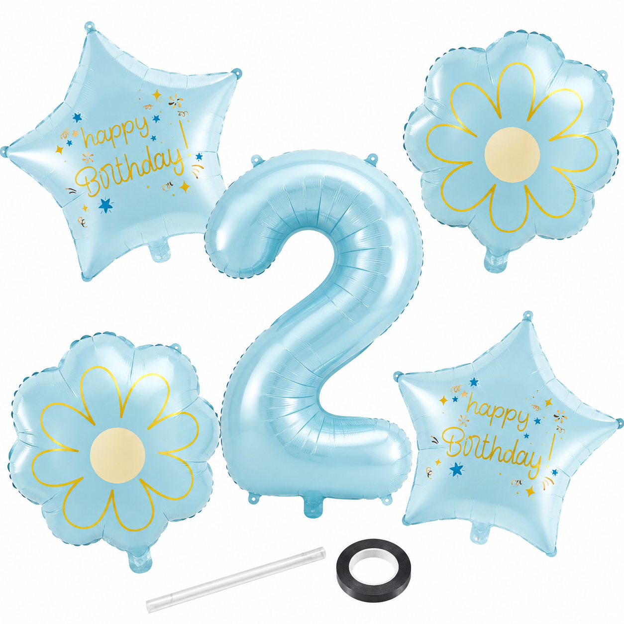 Blue Number 2 Foil Balloon Set - 5PC | Second  Birthday Balloon with 2 Flower & 2 Star Balloons for Cake Table, Photoshoot & Party Decoration