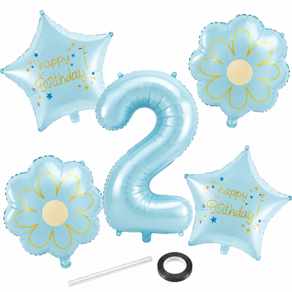 Blue Number 2 Foil Balloon Set - 5PC | Second  Birthday Balloon with 2 Flower & 2 Star Balloons for Cake Table, Photoshoot & Party Decoration