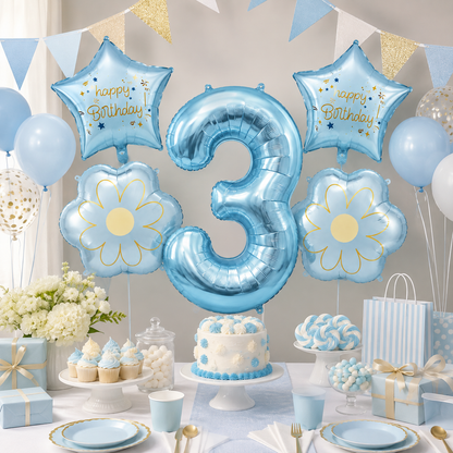 Blue Number 3 Foil Balloon Set - 5PC | Third Birthday Balloon with 2 Flower
