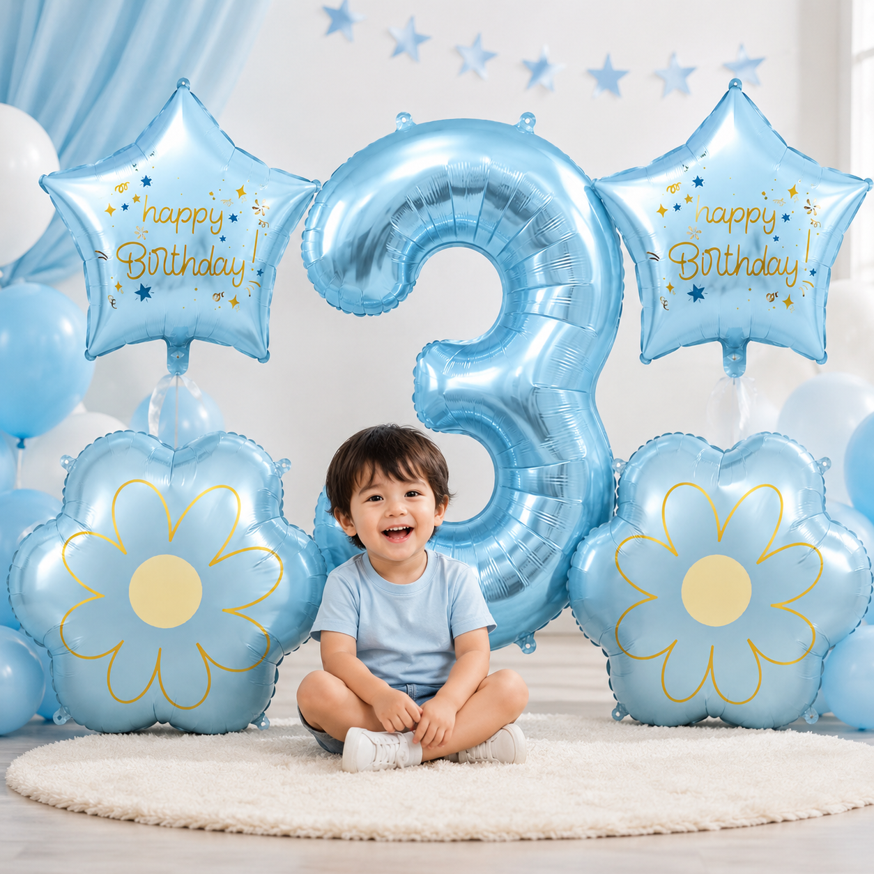 Blue Number 3 Foil Balloon Set - 5PC | Third Birthday Balloon with 2 Flower