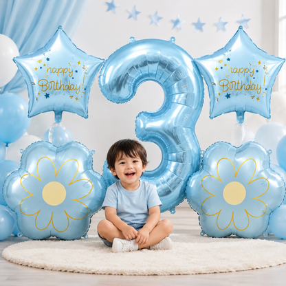 Blue Number 3 Foil Balloon Set - 5PC | Third Birthday Balloon with 2 Flower
