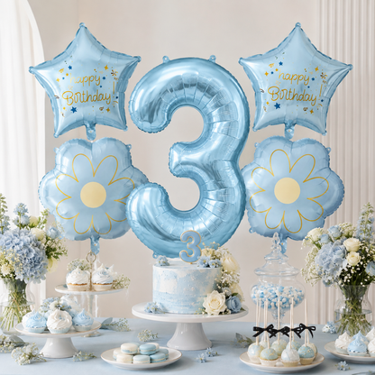 Blue Number 3 Foil Balloon Set - 5PC | Third Birthday Balloon with 2 Flower