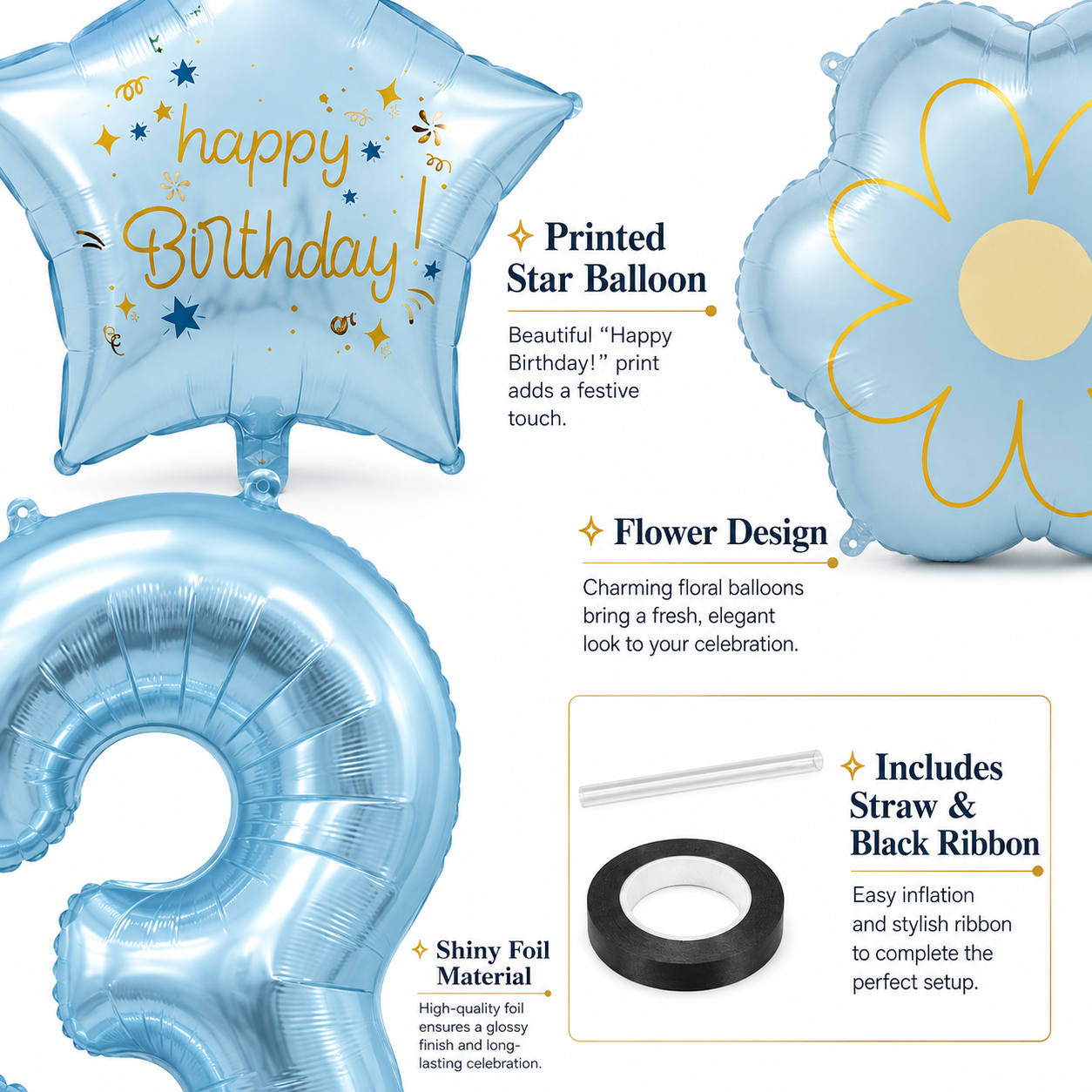 Blue Number 3 Foil Balloon Set - 5PC | Third Birthday Balloon with 2 Flower