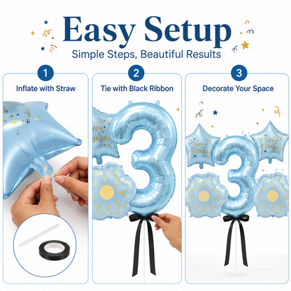 Blue Number 3 Foil Balloon Set - 5PC | Third Birthday Balloon with 2 Flower