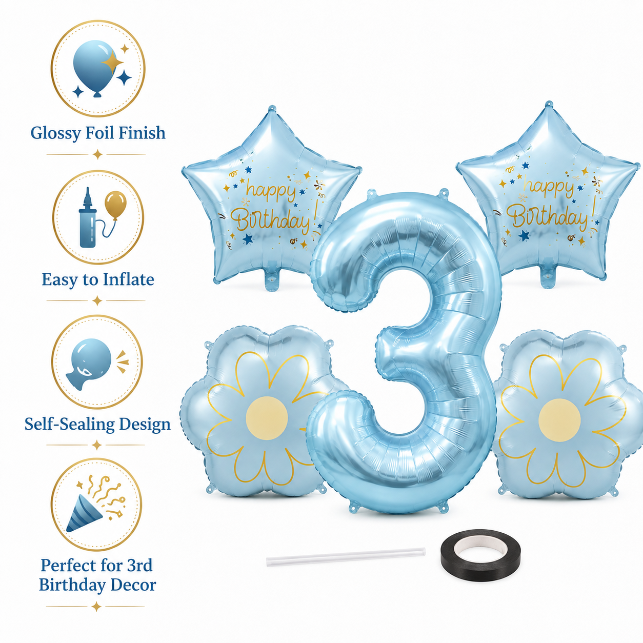 Blue Number 3 Foil Balloon Set - 5PC | Third Birthday Balloon with 2 Flower