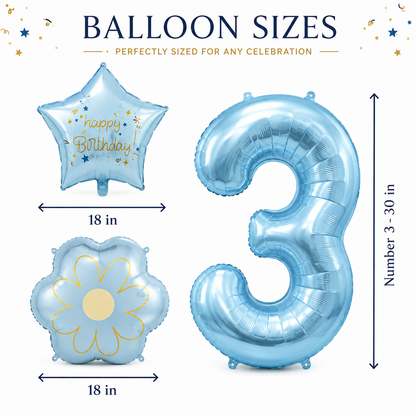 Blue Number 3 Foil Balloon Set - 5PC | Third Birthday Balloon with 2 Flower