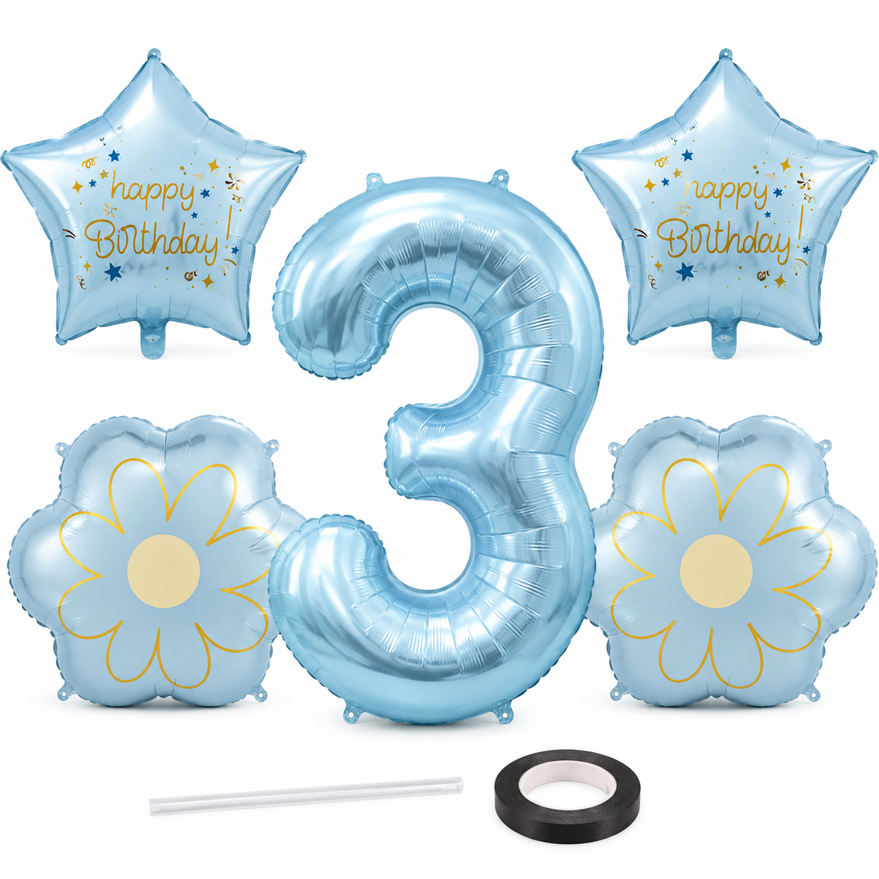 Blue Number 3 Foil Balloon Set - 5PC | Third Birthday Balloon with 2 Flower