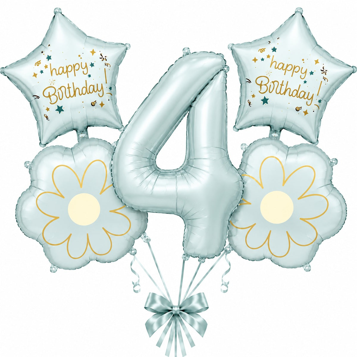 Blue Number 4 Foil Balloon Set - 5PC | Fourth Birthday Balloon with 2 Flower