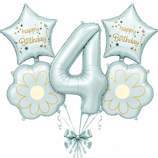 Blue Number 4 Foil Balloon Set - 5PC | Fourth Birthday Balloon with 2 Flower